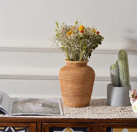 Handwoven Autumn Rattan Storage Vase and Flower Basket, French Country Decor