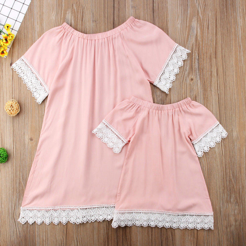 Fashionable Lace Trim Matching Mother-Daughter Dresses
