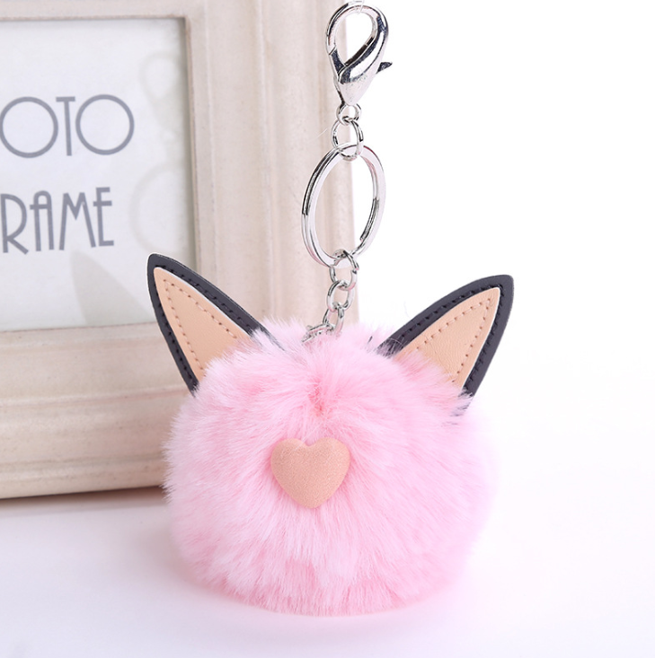 Fuzzy Pom Pom Keychain with Cat Ear Bag Charm