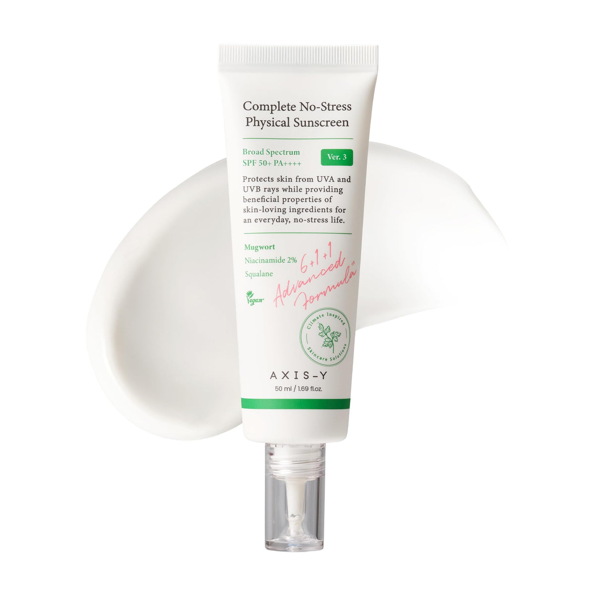 AXIS-Y Complete No-Stress Physical Sunscreen V3 - SPF 50 Mineral Sunscreen with 2% Niacinamide Zinc Oxide Sunblock for Broad Spectrum Sun Care - Vegan Korean Skin Care -1.69 fl. oz.