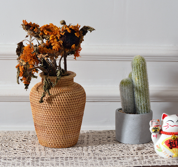 Handwoven Autumn Rattan Storage Vase and Flower Basket, French Country Decor