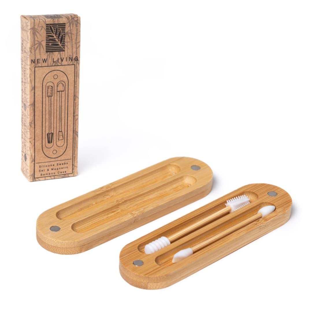 Silicone Make Up Swabs | Set of 2 with Bamboo Case | By New Living | Eco Friendly Reusable Silicone QTips | For Make Up