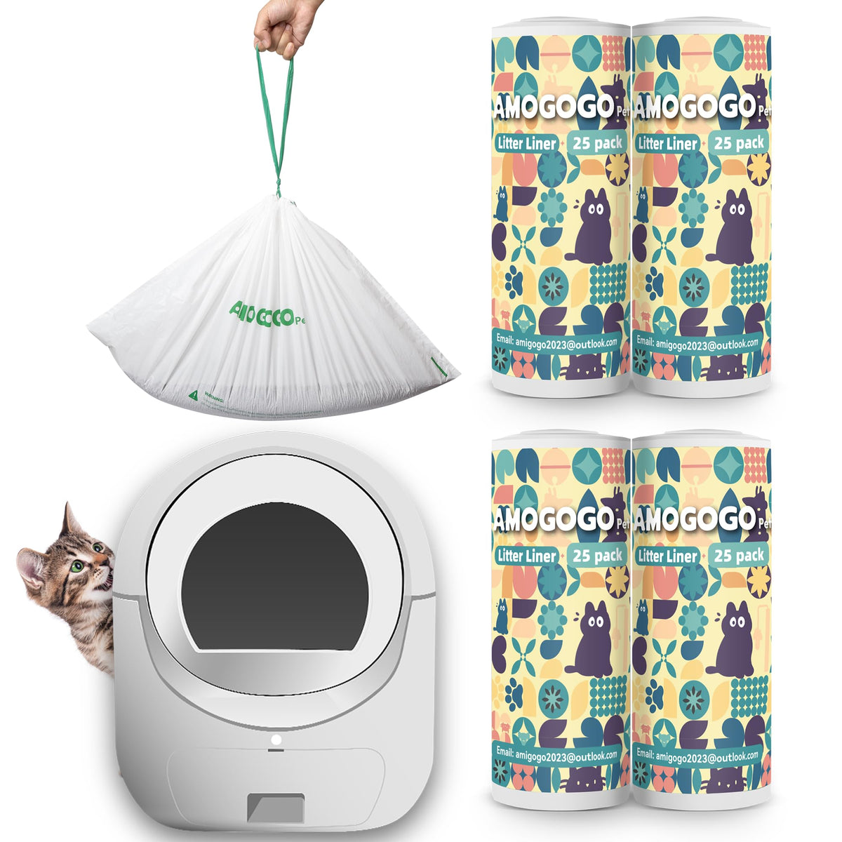 AMOGOGOPET 100 Pack Litter Box Liner Bags Compatible with BCHARYA Self-Cleaning Cat Litter Box Replacement Waste Bags Drawstring Leak-Proof Automatic Cat Litter Trash Bags 25.2" x 11.81"