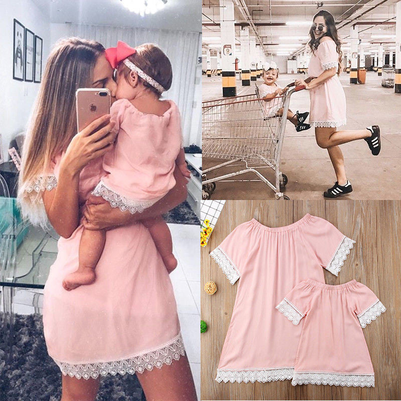 Fashionable Lace Trim Matching Mother-Daughter Dresses