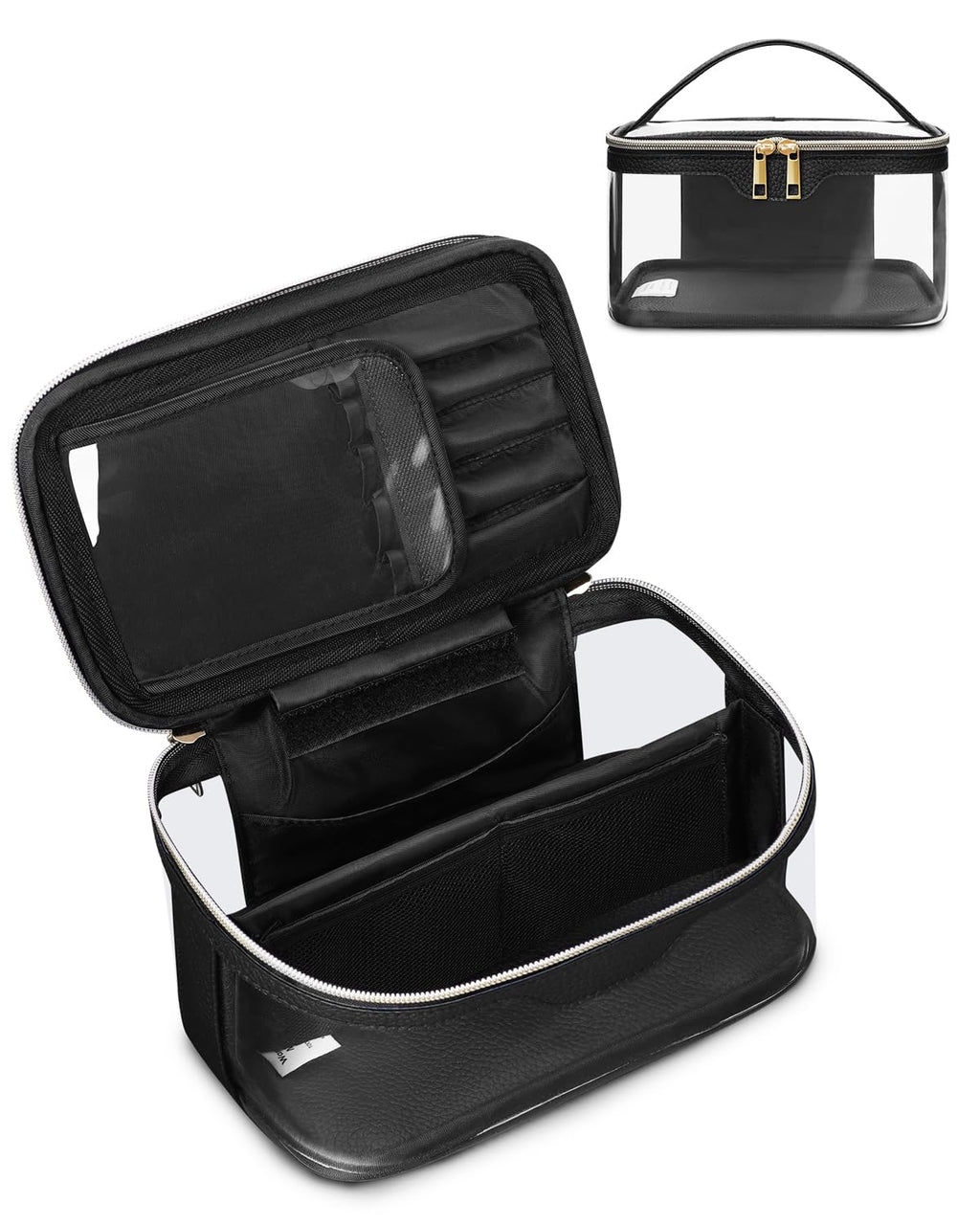 Wandering Nature Clear Makeup BagTransparent Makeup CaseWide Opening Make up Bag Travel Make Up Organizer Cosmetic Brush Bags for Women with Divider and Brush Compartment Black(Patent Pending)