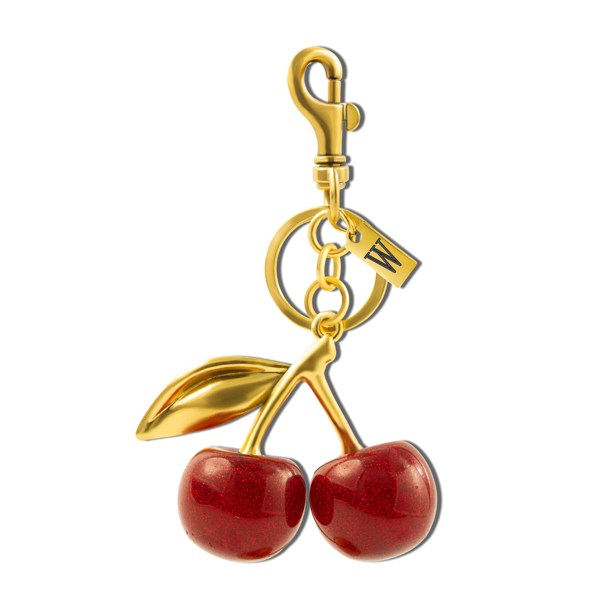 HOLINSE Cherry Bag Charm Cherry KeychainInitial Square Charm 18K Gold Plated Glittering Cherry Purse Charm (W - Cherry Keychain)
