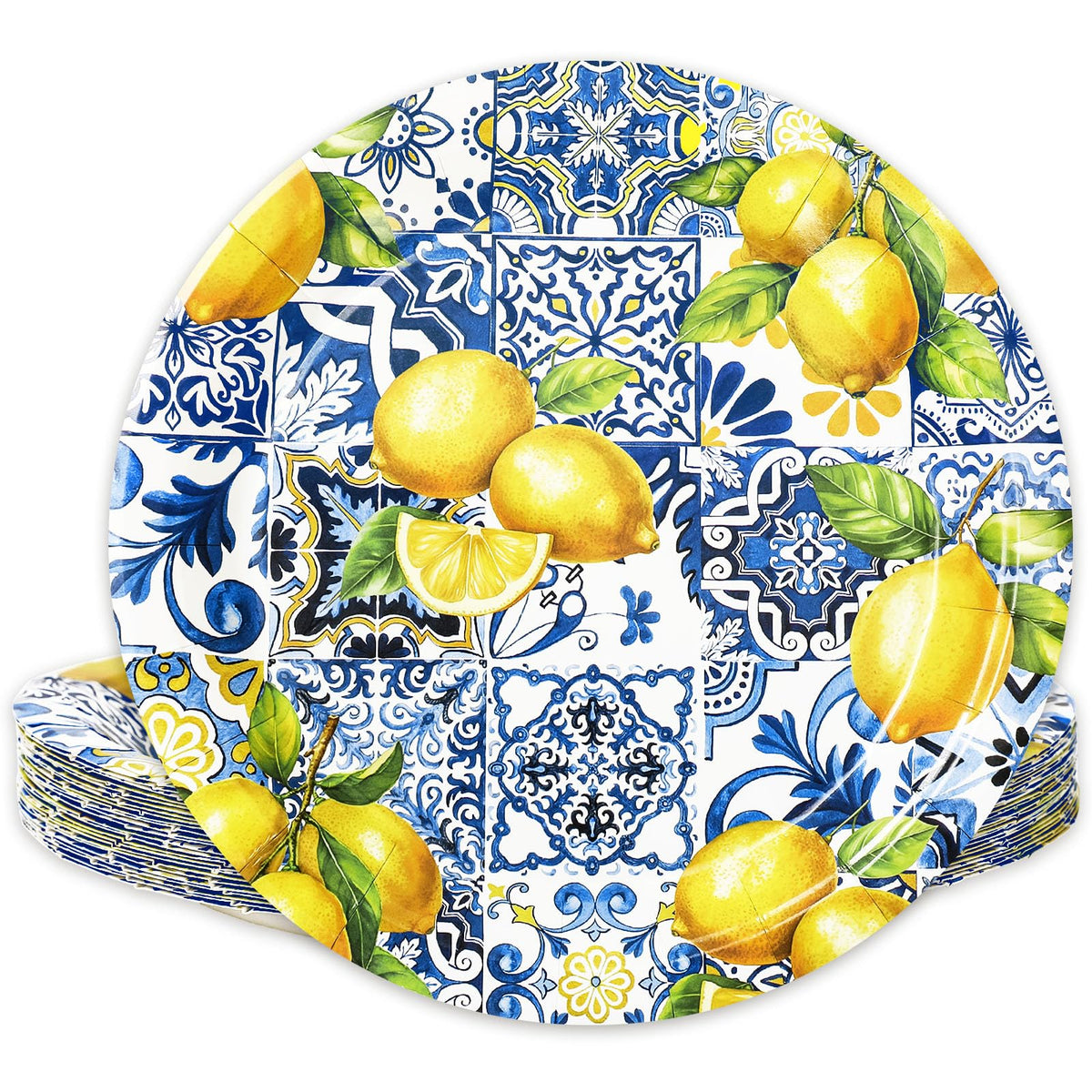 JarThenaAMCS Summer Plates Tiles Lemon Disposable Paper Plates Yellow Blue Dinner Plates 9 Inch Dessert Plates for Party Supplies Table Decor 24Pcs