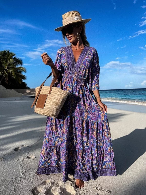 Bohemian Style V-Neck Floral Maxi Dress for Women