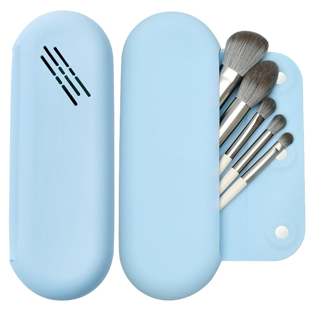 LuBanOne Makeup Brush Holder Magnetic Closure Make Up Brushes Organizer Silicone Makeup Bag Travel Essentials (Blue)